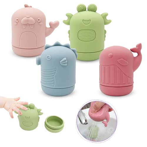 Baby Bath Toys, iselyn 4Packs Bath Toys for Kids Ages 1-3 Silicone Mold Free Bath Toys for Toddlers Non-Toxic Dishwasher Safe Bathtub Toys-Marine Animal