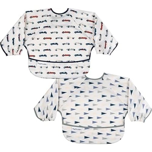 Tiny Twinkle Long Sleeve Bib for Babies & Toddlers – 2 Pack Waterproof Smock Bibs for Eating – Machine Washable & Mess-Proof, Baby Feeding Essential & Shower Must-Have (Cars,Flags,6-24M)