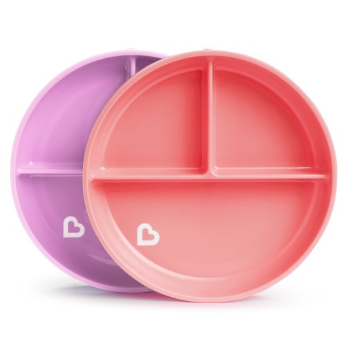 Munchkin Stay Put Suction Round Plates, Plastic, Pink/Purple, 2 Pack