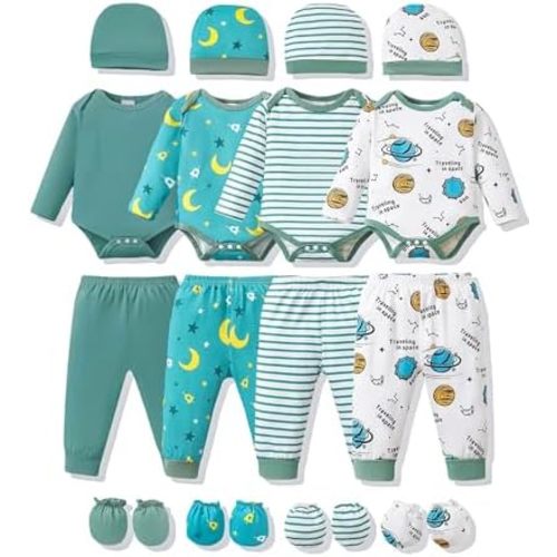 NZRVAWS Newborn Baby Boy Girl Clothes Unisex Infant Romper Pants Set Hat 4-Pack Outfits 0-12 Months 16 Pieces Toddler