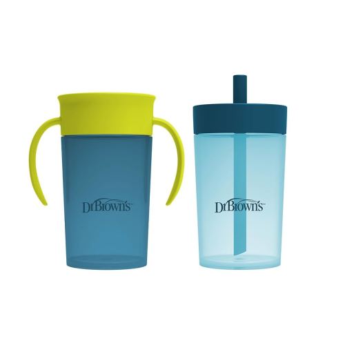 Dr. Brown's Milestones Straw to 360° Cup Set, Convertible Toddler Training Cup Set with Interchangeable Silicone Straw and 360 Degree Cup Lids, Blue Green, 10 oz/300 mL, BPA Free, 9m+, 2 Pack
