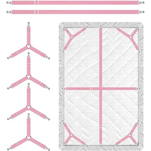 Bed Sheet Holder Straps, 4+2 Pcs Adjustable Mattress Sheet Clips, Bed Sheet Fasteners Elastic Sheet Suspenders to Keep Bed Sheet in Place for Different Beds (Pink)
