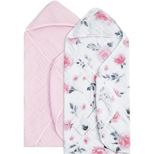 david's kids 2 Pack Hooded Baby Towels, 100% Muslin Cotton Baby Bath Towels, Ultra Soft Breathable Absorbent Towels for Infant Toddler and Kids, Newborn Essentials, Large 32x32Inch, Floral