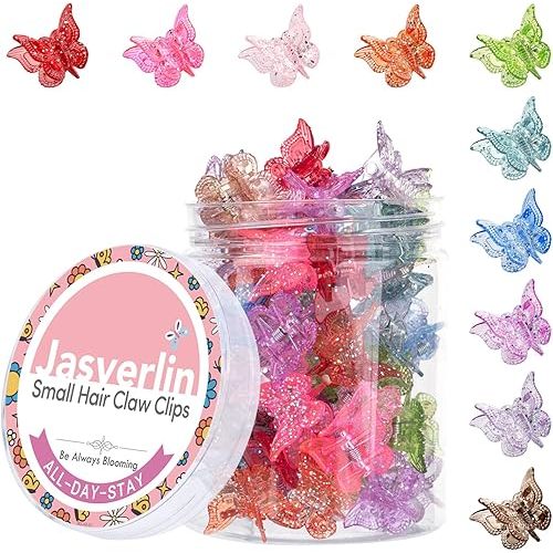 Glitter Mini Butterfly Hair Claw Clips, Sparkly Colorful Hair Accessories for Girls and Women - 90s Y2K Cute, Small, Tiny Clip in 10 Assorted Colors, Set of 50 (Glitter)