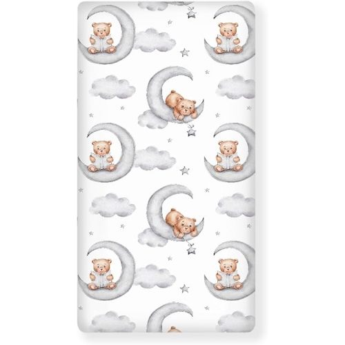 Teddy Bears Fitted Crib Sheet Watercolor Moon Star Clouds Standard Crib Mattress Fitted Sheet Grey Baby Toddler Bed Mattress Sheets for Boys Girls 28"x52"