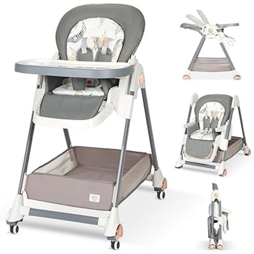Baby High Chair for Babies & Toddlers, High Chair w/Large Storage Basket, Adjustable Height, Footrest, Recline, Foldable high Chair w/Cushion, Removable Tray, high Chairs with Wheels, Gray