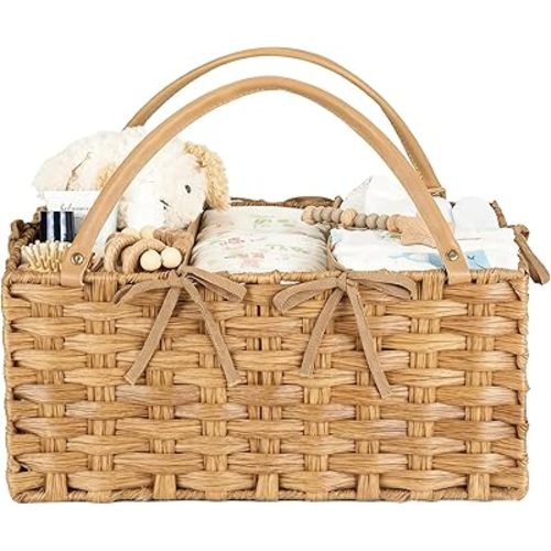 Diaper Caddy Organizer, Hand Rattan Nursery Storage Basket for Baby Essentials, Baby Changing Table Organizer Perfect Nursery Assistant, Easy Assemble