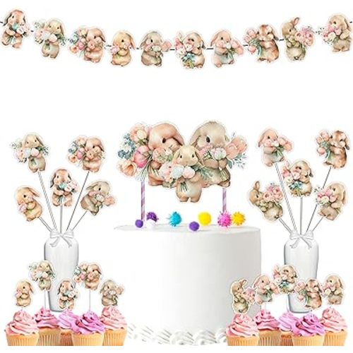 Easter Bunny Baby Shower and Birthday Party Supplies Set - Banner, Centerpieces, Cupcake Toppers, Cake Topper