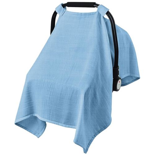 Baby Car Seat Cover, 100% Muslin Carseat Cover, Universal Carseat Covers Baby, Infant Car Seat Cover for Sun, Bug, and Comfort Protection (Blue)