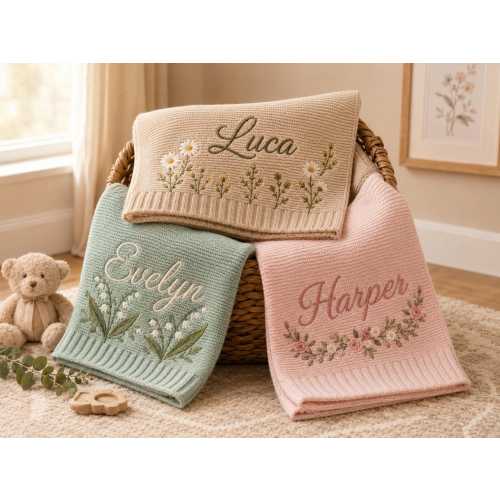 Personalized Embroidered Baby Blanket, Custom Knitted Name, Welcome Baby Nursery Keepsake, Newborn Gift
