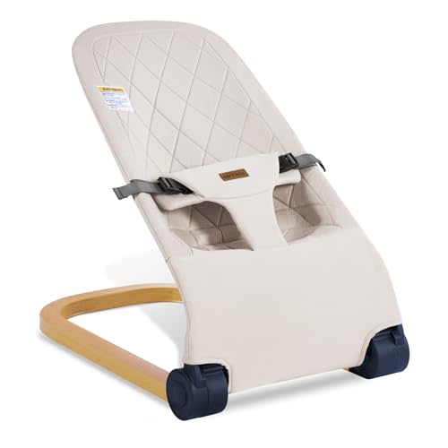 Winchild Baby Bouncer,Portable Baby Bouncer Seat for Babies,Newborns Bouncer Seat with 3 Height Adjustment.Ergonomic Design Infants Bouncy Seat with Cotton Fabric Wood Grain,Natural Vibrations (Beige)