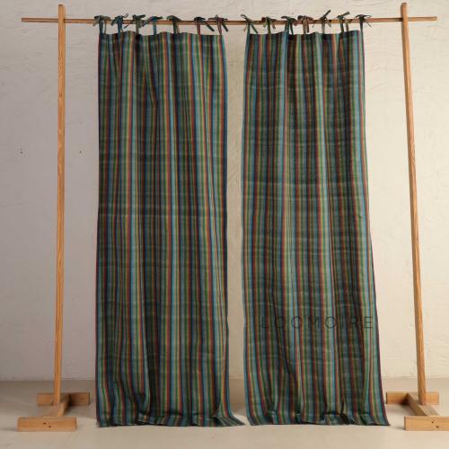 Multicolor Striped Tie Top Curtain Panel | Farmhouse Kitchen Café Curtain | Boho Window Drapes | Light Filtering Cotton Curtain