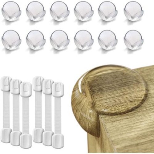Baby Proof Me Safety Strap and Corner Guard Bundle – 6-Pack Safety Straps, 12-Pack Corner Protectors with 3M Adhesive – Clear, Stain-Free Design for Cabinets, Furniture, and Tables