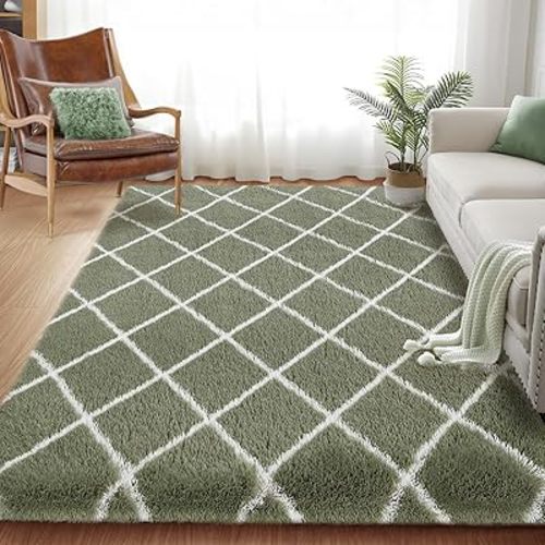 Fluffy Rug for Bedroom, 5X7Feet Stripe Checkered Rug Anti-Skid High Pile for Living Room Bedroom Kids Room Nursery, Dorm Home Decor