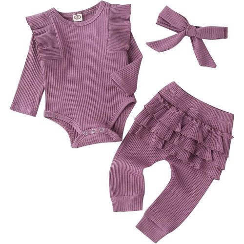 Fullfamous Baby Girl's 3pc Rib Frill Long Sleeve Romper and Pant Set