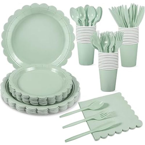 175 Pcs Sage Green Paper Plates and Napkins, Sage Green Party Supplies Include Green Scalloped Plate Paper Napkin Cup Plastic Cutlery for Baby Shower, Wedding, Birthday