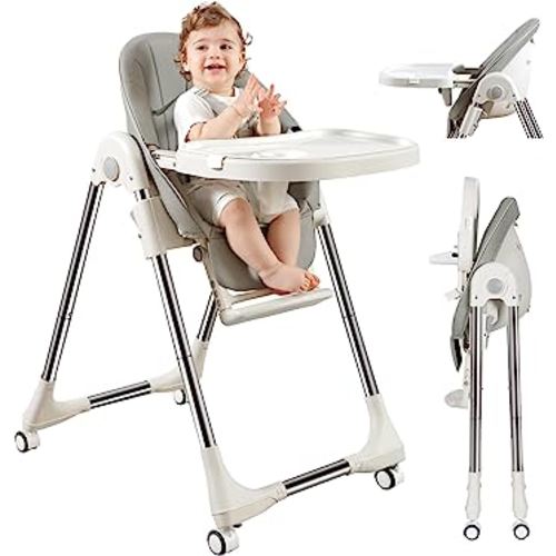 ONOIDM Baby High Chair, Seat Height Adjustable, Foldable, with Wheels, Removable Tray, Portable High Chairs for Babies and Toddlers (Grey)