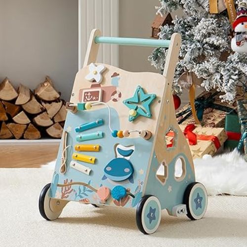 ROBUD Wooden Baby Walker, Montessori Walker Toy, Baby Push Walker with Brake, Activity Center, Adjustable Height Handle, Push Toys for Boys and Girls Learning to Stand and Walk, Ages 10m+