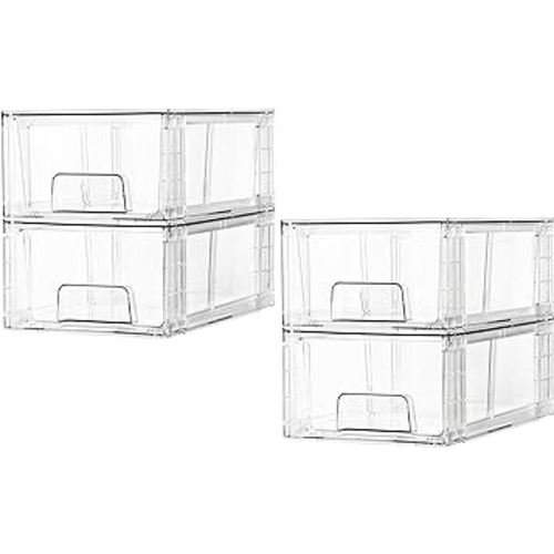 4 Pack Stackable Storage Drawers,Clear Acrylic Drawer Organizers with Handles, Easily Assemble for Fridge, Bathroom,Kitchen Undersink,Cabinet,Pantry organization and Storage