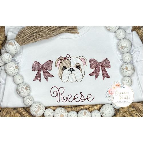 Bulldog with bows, Maroon and gray football  girls ruffle shirt, ruffle bubble
