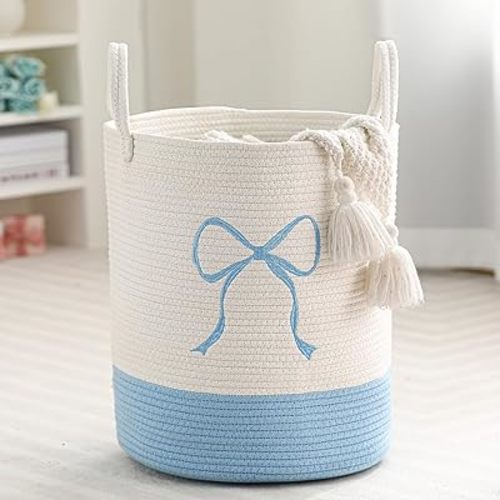 Honeydak Blue Laundry Basket Bow Hamper Cotton Rope Blue Laundry Hamper 15 x 17.7 Inch Toy Box Large Coquette Bow Girly Nursery Basket Storage for Bedroom Bathroom Blanket Toys Clothes Organization