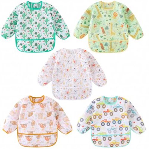 HaimoBurg 5 Pcs Mess Proof Baby Bib, Waterproof Sleeved Bib Outfit, Baby Smock for Eating for 5-30 Months