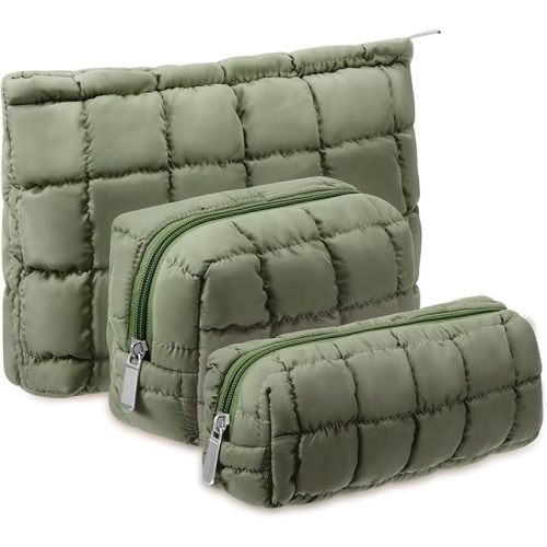 3 Pcs Puffy Makeup Bag Quilted Cosmetic Pouch for Women Cute Checkered Travel Toiletry Bag Puffer Makeup Organizer Purse Pouch Preppy Pencil Case with Zipper(Green)