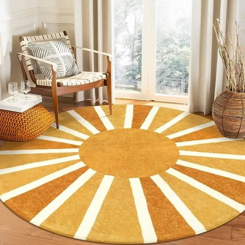 Lahome Boho Round Rugs 6Ft - Washable Round Area Rugs for Living Room Non-Slip Throw Dining Room Rug Soft Large Round Rug, Cute Rainbow Sun Print Circle Rug for Office Classroom Bedroom Nursery - 6' Diameter