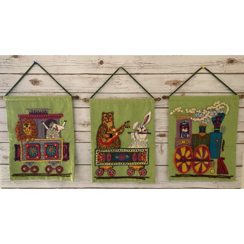 Vintage 70’s Wall Hangings Nursery Decor Baby Kid Embroidered Train Set Of 3 EUC