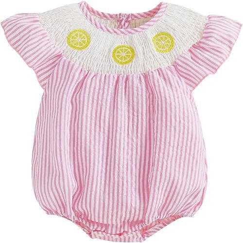 Baby Girl Watermelon Romper Sleeveless Ruffle Smocked Bubble Bodysuit with Pockets Cute One Piece Summer Outfits