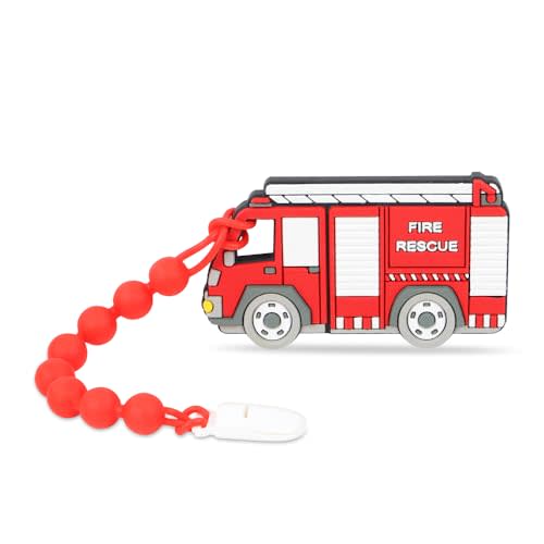 Cuebo Fire Rescue Truck Teether, Baby Construction Vehicles Teething Toys, Food Grade Silicone Teether with One-Piece Pacifier Clip Holder, BPA Free, Freezer Safe, 3 Months+, Fire Rescue Truck color
