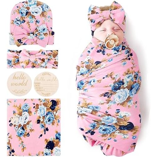 DRESHOW BQUBO Baby Girl Newborn Floral Receiving Blankets with Bow Hat Headband Wooden Birth Announcement Card Set Newborn Baby Swaddling Hats Sleepsack Toddler Warm Shower Gift