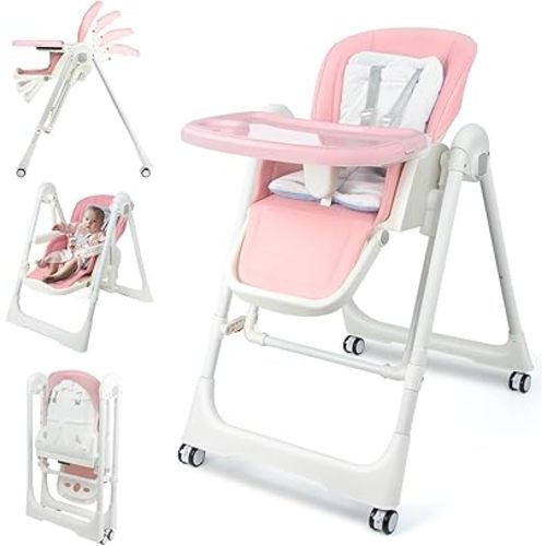 High Chairs for Babies and Toddlers Foldable High Chair Adjustable with Reclining Seat & Leg Rest, 3-in-1 Convertible Baby Swings with Tool-Free Assembly (Pink)