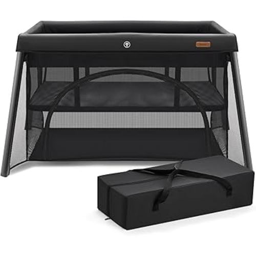 HARPPA Travel Crib with Comfy Mattress, Lightweight Portable Crib Requires No Assembly, Foldable Pack and Play for Baby and Toddlers, Compact Play Yard with Bed,Black