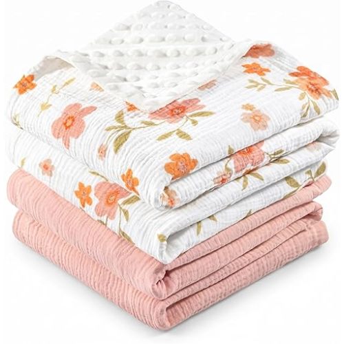 2 Pack Muslin Cotton Baby Blankets for Girls Boys, 40x40in Thick Soft Cozy Breathable Lightweight Blanket with Double Layer Dotted Backing, Nursery Bedding for Newborns Toddlers, Pink Floral