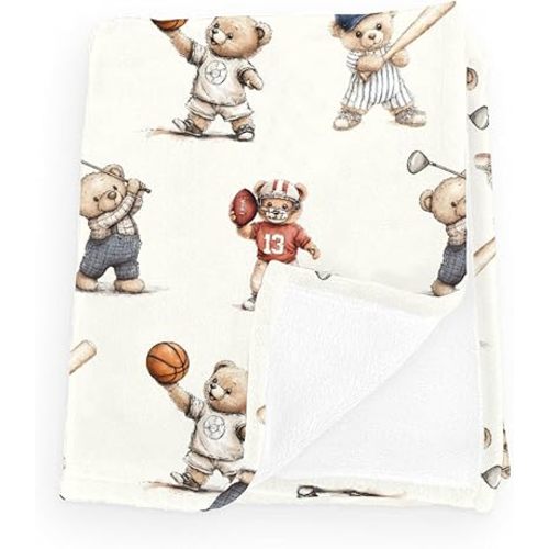 Cute Sport Bears Golf Baseball Basketball Baby Boy Girl Blankets Sports Lover Gift White Flannel Fluffy Blanket for Baby Breathable Toddler Blanket for Crib Stroller Bed Travel White 30x40inch