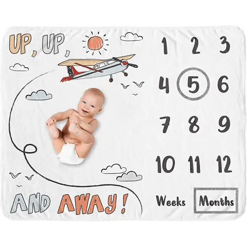 Sweet Jojo Designs Vintage Airplane Boy Milestone Blanket Monthly Newborn First Year Growth Mat Baby Shower Memory Keepsake Gift - Grey Yellow Orange Red White Blue Airplanes Transportation Cloud