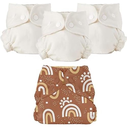 Esembly Cloth Diaper Bundle Set, 3 Organic Absorbent Inners and 1 Waterproof Recycled Diaper Cover, Reusable Washable Diapers with Snap Closure, Size 1 (7-17lbs), Sunshower