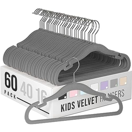 Velvet Baby Hangers for Clothes - Heavy Duty Non Slip Velvet Kids Hangers Or Toddler Hangers for Closet | Ultra Thin Design Kid Hangers for Space Saving - Ganchos De Ropa para Bebe (60 Pack Grey)
