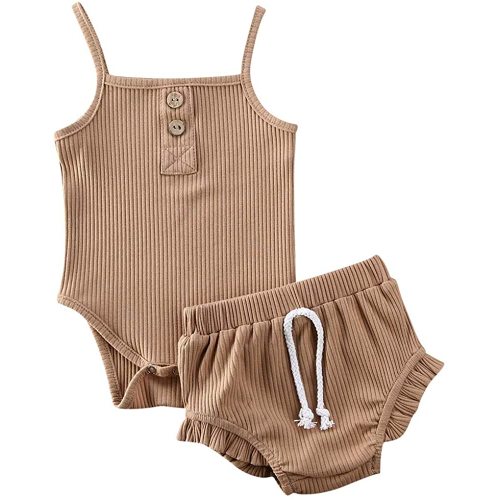 Infant Baby Girls Summer Knit Outfits Button Halter Romper Ruffle Drawstring Shorts Pants 2Pcs Clothes Sets