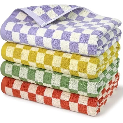Jacquotha Checkered Bath Towels Set of 4-100% Cotton Towels for Bathroom, Shower, Pool & Beach (Purple, Yellow, Green, Orange), 520GSM