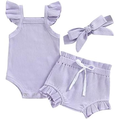 3pcs Toddler Girls Summer Outfits Ribbed Halter Crop Top Romper Bodysuit +Floral Bloomer Shorts+Headband Clothes Set