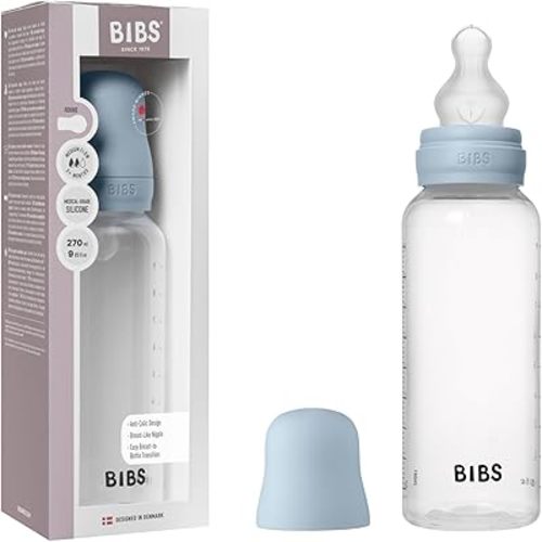 BIBS Baby Bottle 9 oz / 270 ml Silicone Nipple - Anti-Colic, BPA-Free, Round Nipple, Medium Flow, Lightweight & Easy to Clean, Suitable for Newborns 0+ Years - Baby Blue
