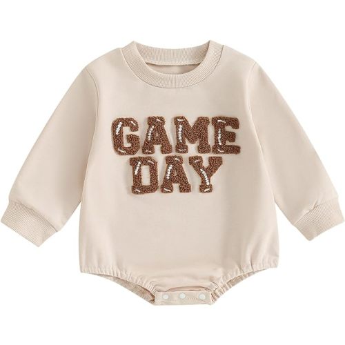 6-12 months size Baby Girl Boy Football Outfit Game Day Football Sweatshirt Romper Oversized Bodysuit Fall Winter Clothes - Apricot-game Day Embroidery - 6-12 Months
