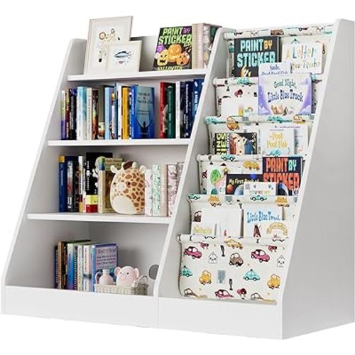 4 Tier Kids Wooden Bookshelf,Five Layer Sling Bookcase,Baby Storage Book Rack,Kids Book and Toy Organizer Cabinet Chest,Infant Book Display,Playroom Kids Room Classroom