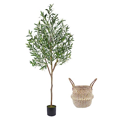 Warmplants Artificial Olive Tree, 6ft Tall Fake Olive Leaves Plant with Basket, Indoor Outdoor Faux Olive Topiary Silk Tree for Home Livingroom Office Décor