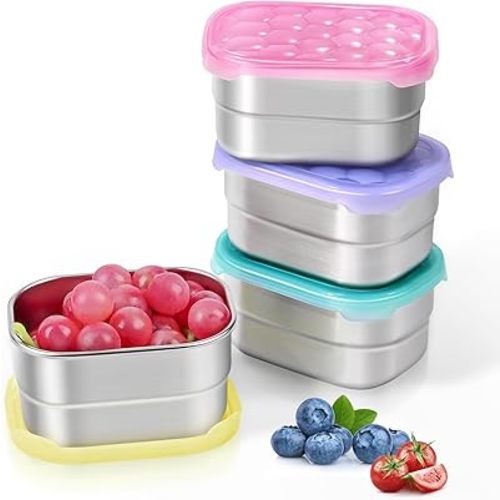 4-Pack Small Stainless Steel Snack Containers for Kids and Toddlers | Easy Open Leak Proof Food Containers with Silicone Lids - Perfect Metal Lunch Box for Daycare and School (8oz)