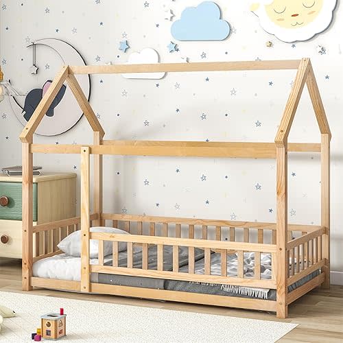 LLS Twin Montessori Bed Frame, Wooden House Bed with Fence and Roof, Floor Bed for Boys Girls Bedroom, Natural