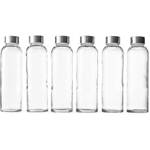 Epica glass bottles with lids – 18oz glass water bottles, reusable glass juice bottles with lids for storing juices, reusable water bottles durable & ecofriendly set of 6