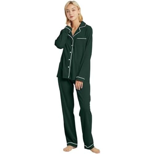 100% Cotton Pajama Set for Women Long Sleeve Womens Sleepwear Button Down NightWear Soft Pj Lounge Sets